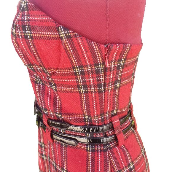 Betsey Johnson Mini Dress Red Tartan Plaid Strapless Double Patent Belt 6 - Picture 3 of 6